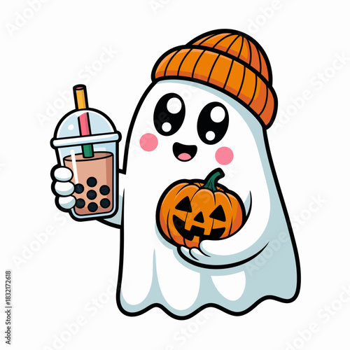 Cute Halloween Ghost Illustration – Friendly Ghost Holding Boba Tea and Jack-o’-Lantern.