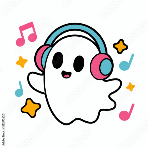 Cute Ghost Listening to Music – Adorable Kawaii Ghost with Headphones and Colorful Music Notes.