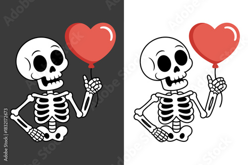 Cute Skeleton Holding Heart Balloon – Halloween Skeleton Illustration in Color and Line Art Style.