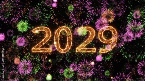 Sparkling golden 2029 text against a vibrant background of colorful fireworks celebrating the New Year.