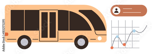 Modern bus alongside a performance chart and passenger information element. Ideal for transport data, smart cities, efficiency tracking, urban planning, mobility trends, passenger insights, simple