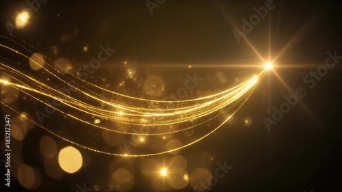 Abstract golden light trails and shimmering bokeh on a dark background, creating a festive and elegant visual effect for celebrations.