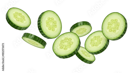 Fresh cucumber slices floating against black background