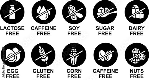 Complete set of food allergen and dietary restriction icons, with black and white symbolism, icons with claims of products free of substances for health and well-being