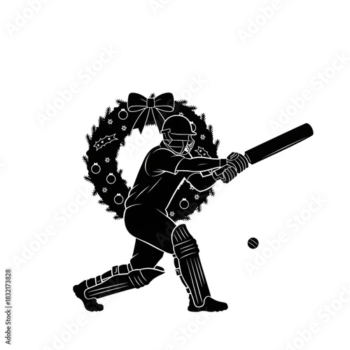 Powerful Cricket Batter Silhouette Hitting Forward Defensive Shot in Front of Festive Holly Christmas Wreath - Sports Holiday Season Vector Graphic