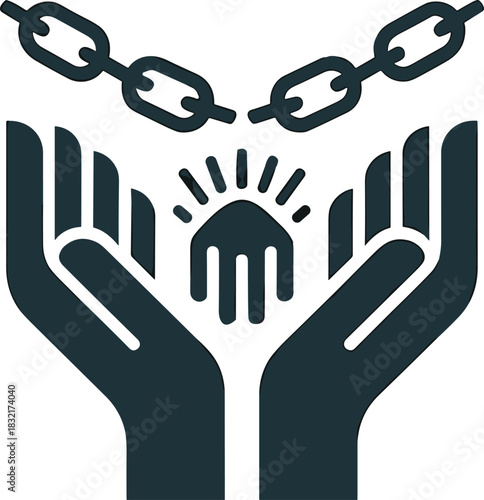 Human hands holding light and broken shackles symbolize freedom liberation vector logo design