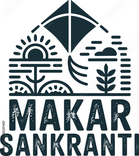 Makar sankranti festival emblem logo featuring kite flying sun and harvest celebration elements