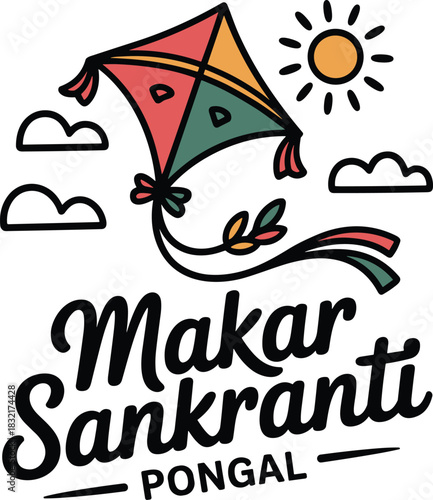 Makar sankranti pongal colorful kite flying festival logo line art vector illustration