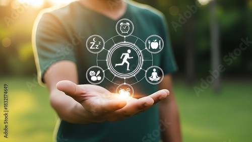 Healthy lifestyle concept with icons of diet, exercise, and wellness