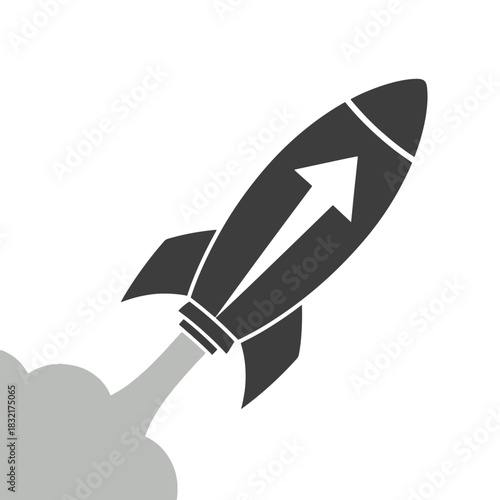 Dark gray rocket ship with white arrow pointing up launching with gray smoke spaceship space
