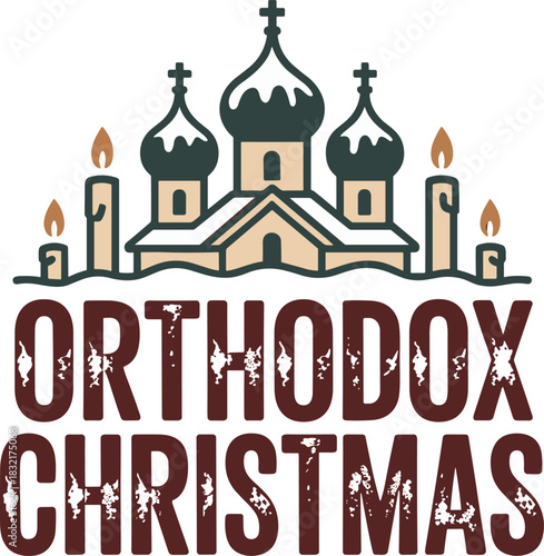 Orthodox observance holiday season design featuring snow covered church and burning candles logo