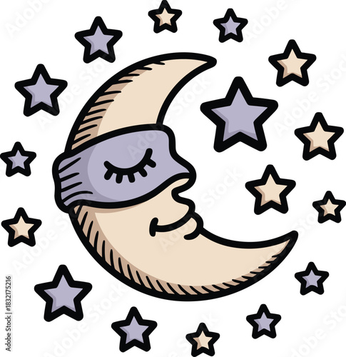 Sleepy cartoon moon wearing eye mask surrounded by tiny stars sweet dreams logo design element graphic