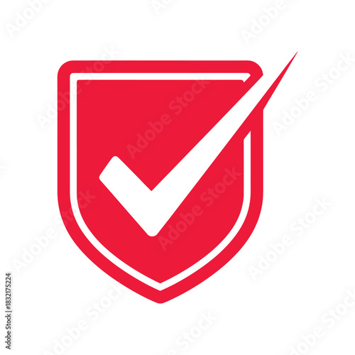 Red shield with white check mark symbol on white background tick correct