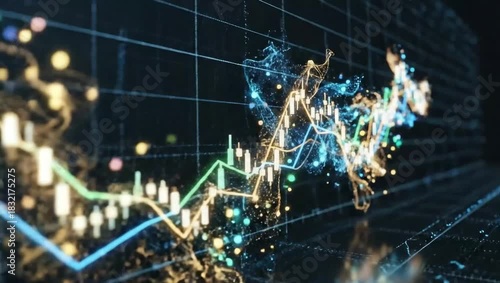 Abstract Financial Data Visualization with Glowing Lines and Bars on a Dark Background.