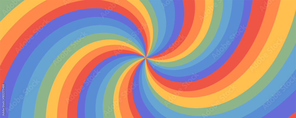 Fototapeta premium Abstract rainbow swirl psychedelic background with spiral pattern in bold colors. Retro groovy design perfect for posters, prints, branding, packaging, and creative projects
