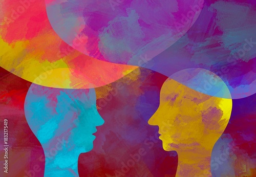 Disegno grafico creativo dialogo tra due persone. Comunicazione. Parlare con pensiero. Telepatia