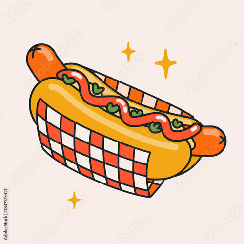 Retro hot dog illustration with bright cartoon colors, checkered wrap and pla...