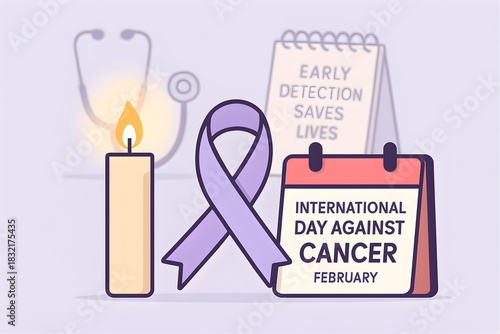 depicting the International Day Against Cancer with a lavender awareness ribbon, a burning candle, and a notepad emphasizing the message Early Detection Saves Lives