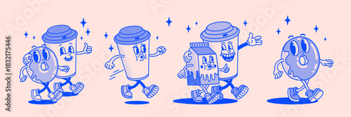 Retro coffee and donut cartoon set in a groovy vintage style with walking characters and playful expressions. Fun illustrated collection for stickers, branding, menus and designs