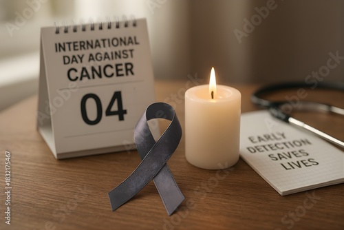 A ribbon, the universal symbol of cancer awareness, rests gently on a wooden table alongside a lit candle, representing hope and remembrance. A calendar open to the date of the event reinforces the