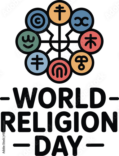 World religion day event logo featuring wheel of diverse spiritual symbols flat vector art