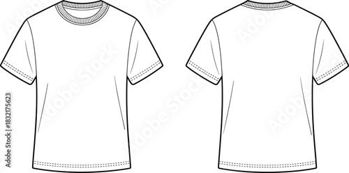 Front and Back Technical Fashion Sketch of a Basic Short Sleeve Crew Neck T-shirt or Tee, Flat Outline Vector Template Apparel Mockup