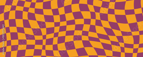Wavy checkered background with orange and purple distorted squares in abstract Halloween style. Wavy checkered pattern with flowing retro geometry. Vector illustration