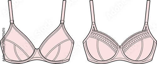 Ladies lingerie set vector illustration of two pink bras technical fashion flat sketches front view for apparel design mockups and templates