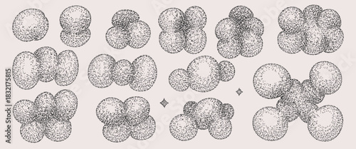 Volumetric stippling halftone elements set, molecules, dotted shapes, half tone gradients, various stipple bubbles, abstract dot fluids, halftone splashes. Vintage vector illustration