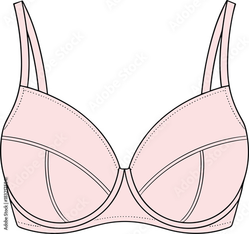 Ladies pink bra technical fashion flat sketch, lingerie vector illustration front view for underwear design templates and apparel mockups
