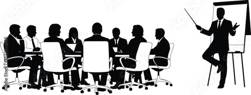 Business meeting silhouettes, corporate presentation scene, professional team discussion, leadership training concept, office collaboration, flip chart teacher, modern workforce,