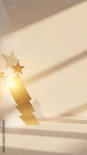 Minimalist Gold Christmas Tree with Stars in Soft Beige Light