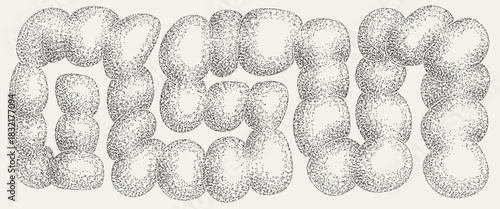 Dotwork abstract background with abstract blob, stylized intestine , black grain dotted texture. Abstract stipple sand effect, gradient backdrop from dots. Vector vintage print illustration.