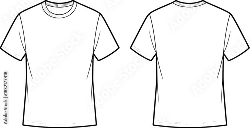 T-shirt vector flat sketch, technical fashion illustration, crew neck top design template, front and back view, blank apparel mockup, white