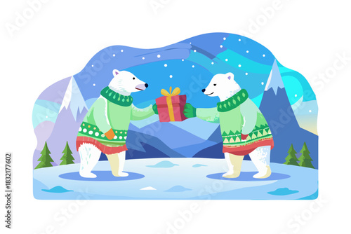 Two adorable polar bears wearing Christmas sweaters, exchanging gifts on snowy ice, aurora borealis glowing brightly above, peaceful arctic scene full of warmth and charm