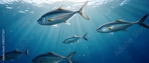 School of Fish Swimming Underwater in Blue Ocean with Sun Rays.