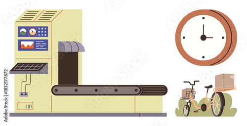 Industrial conveyor machine processing items, analog clock symbolizing time management, and a cargo bike delivering goods. Ideal for manufacturing, logistics, productivity, delivery, time concepts