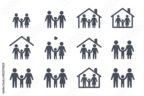 Collection of family icons depicting parents and child with house variations