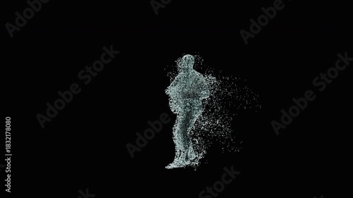 A 3D animated character performs a sword dance with dynamic water splash effects. The clip ends with an alpha matte, making it suitable for creative projects, entertainment, or digital media use.