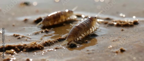 Macro close up footage of two sand fleas on a wet beach.