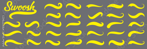 Swoosh and swash tails line collection. Swooshes text tail for baseball design. Typography tails shape for football or athletics sport team sign text. Blue and Yellow color swoosh.