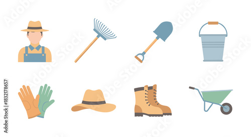 Garden tools and farmer elements in flat design for agricultural projects