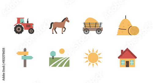 Farm life icons: tractor, horse, cart, hay bale, signpost, landscape, sun, house