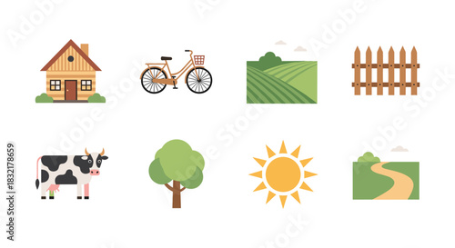 Farm life icons set: house, bicycle, cow, tree, sun, landscape