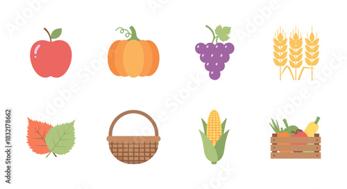 Colorful icons of fruits, vegetables, and harvest elements in flat style