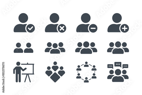 Illustration of various people and group icons representing teamwork and users