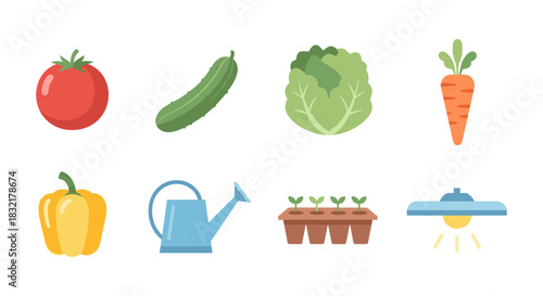 Colorful flat garden icons featuring vegetables and gardening tools