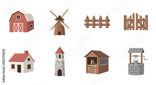 Rustic farm elements collection: barn, windmill, fence, cottage, tower, horse stable, well