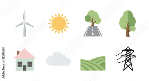 Sustainable energy and nature icons set: wind, solar, trees, and more