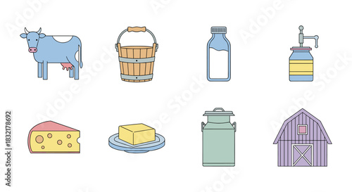 Flat dairy farm icons: cow, milk, cheese, butter, barn, bucket, churn